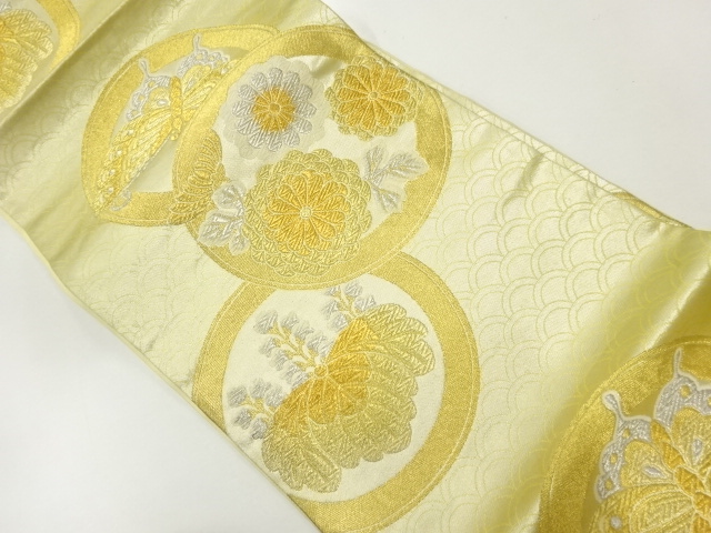 JAPANESE KIMONO / ANTIQUE FUKURO OBI / SILK / WOVEN KIKU & PAULOWNIA & BUTTERFLY